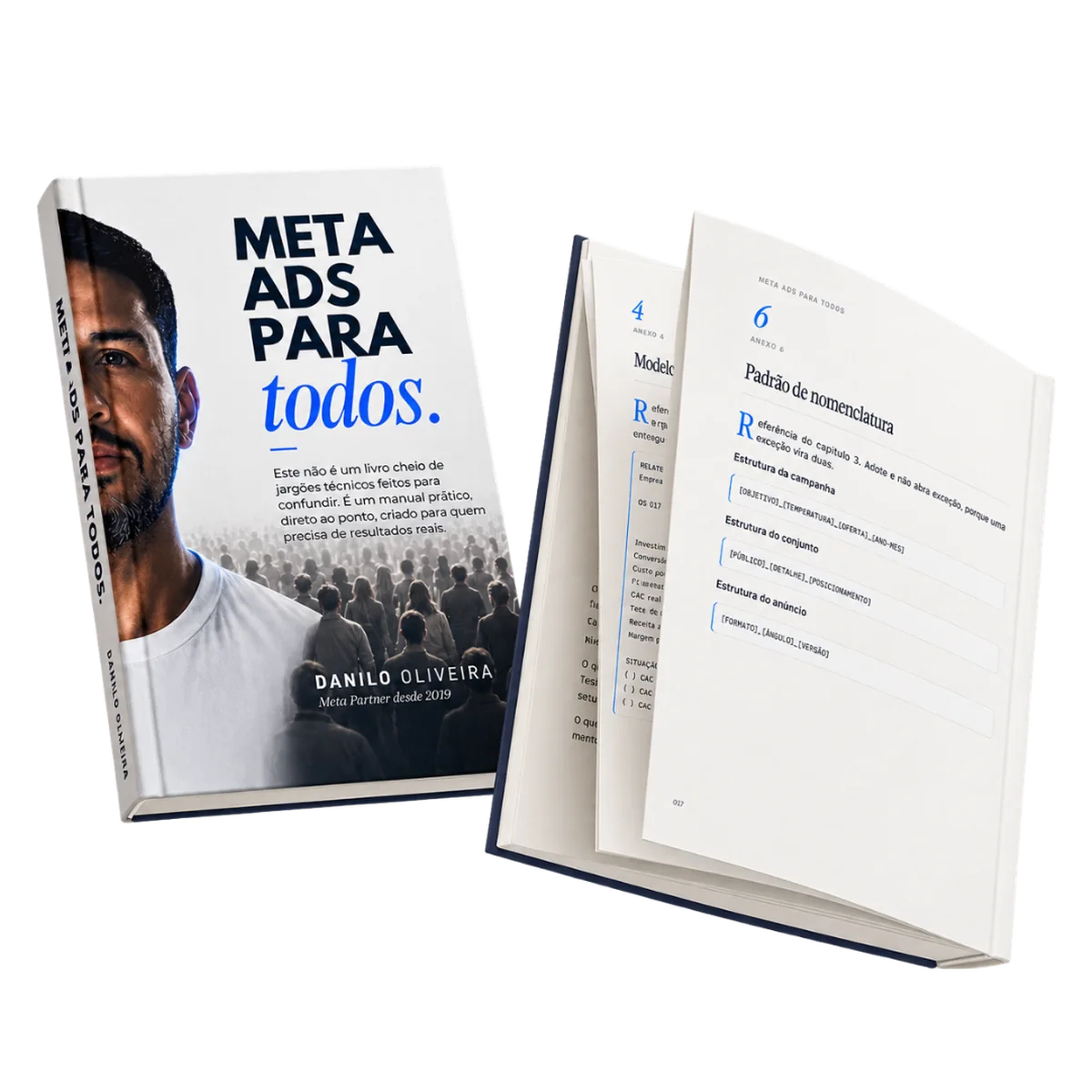 Livro Meta Ads para Todos: capa física ao lado de páginas internas com modelos práticos